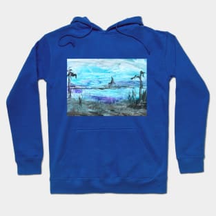 Landscape in blue shades. Encaustic, art decoration, sketch. Hoodie